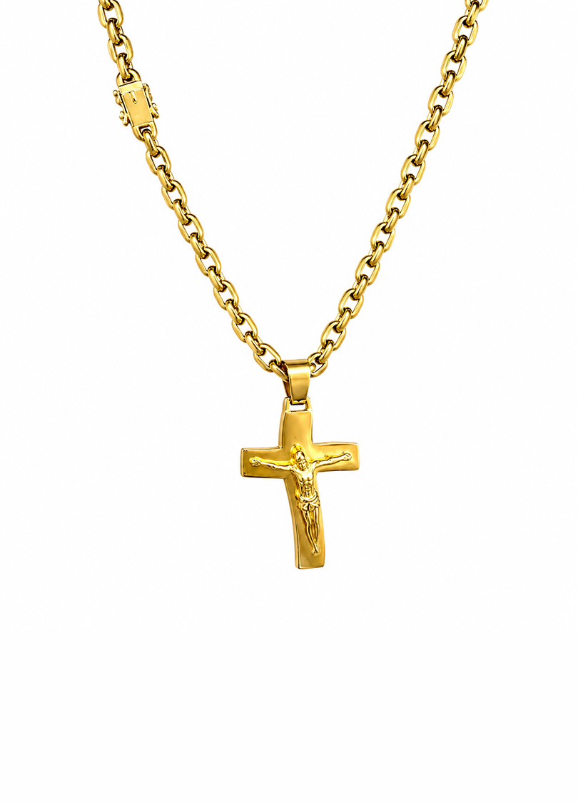 Corrente Dourada com Pingente de Cruz Crucifixo Curva