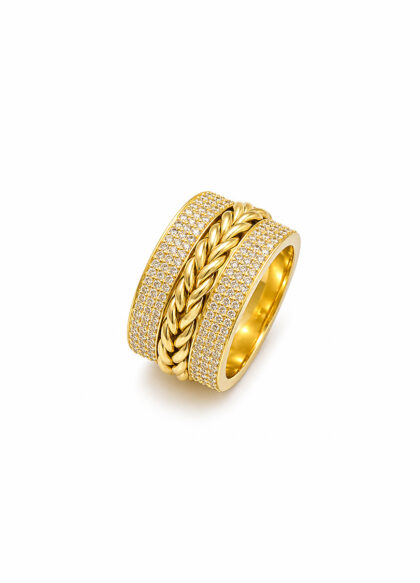 Anel Dourado com Trançado e Zircônias